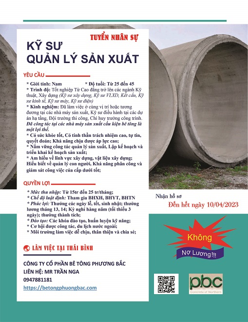 TUYỂN KỸ SƯ QUẢN LÝ SẢN XUẤT